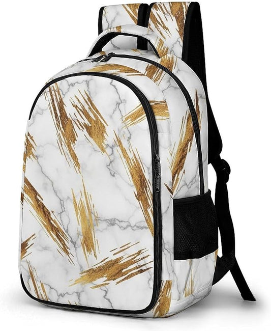 Water Resistant College Bookbag Gold Marble Texture White, Sturdy Laptop Backpack with Water Bottle Pockets for Men Women Travel Work