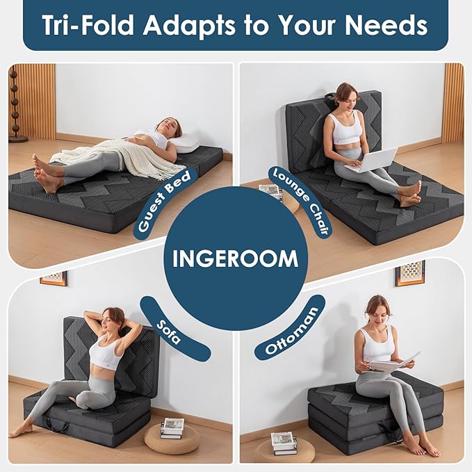 INGEROOM Foldable Mattress Queen - Memory Foam 4 inch Trifold Mattress for Camping, with Portable Handle, Non-Slip Folding Floor Bed Sofa for Guest Travel Yoga, Washable Breathable Cover