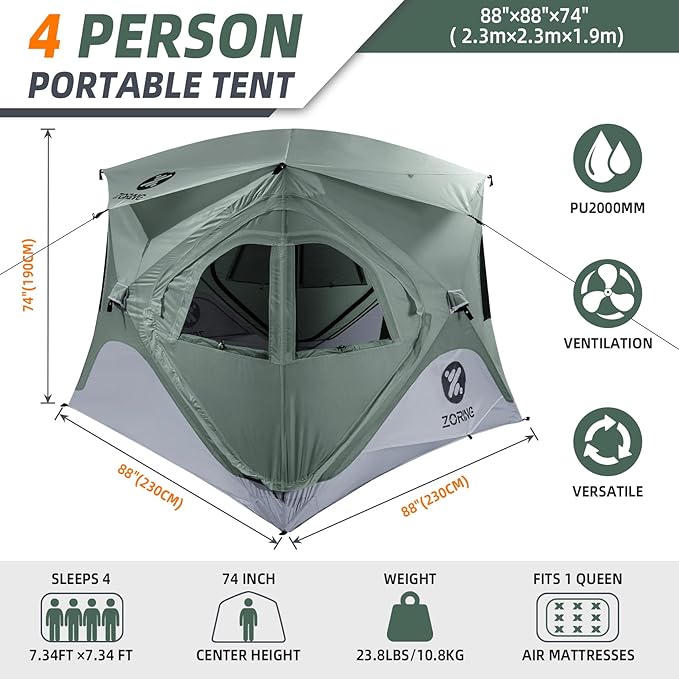 Pop Up Tent for Camping, Instant Cabin Hub Tent 4 Person, Waterproof Hub Shelter with Rainfly & Removable Floor, Easy Setup Windproof Large Family Shelter for Outdoor & Overlanding