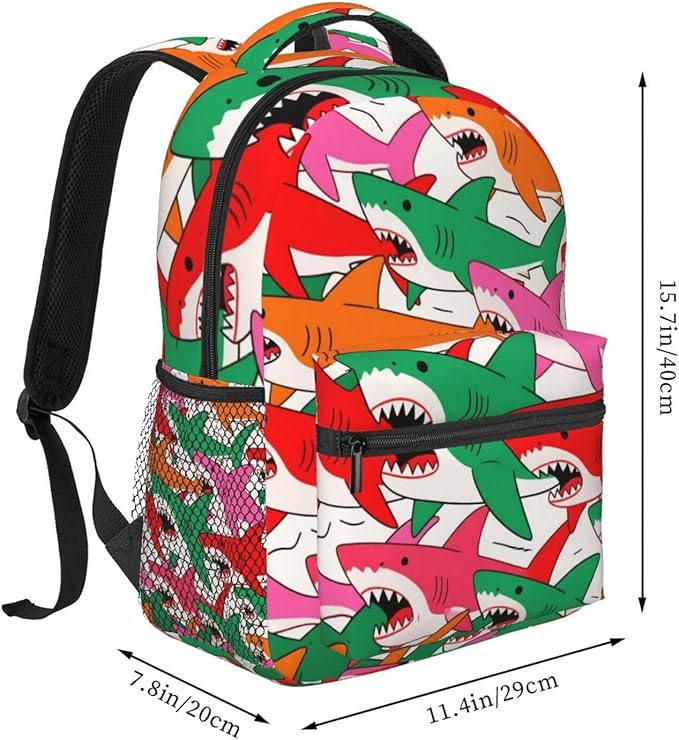 Men Women Polyester Colorful Shark Art Casual Daypack Large Capacity Carry On Bag With Adjustable Shoulder Straps for Camping Work Running