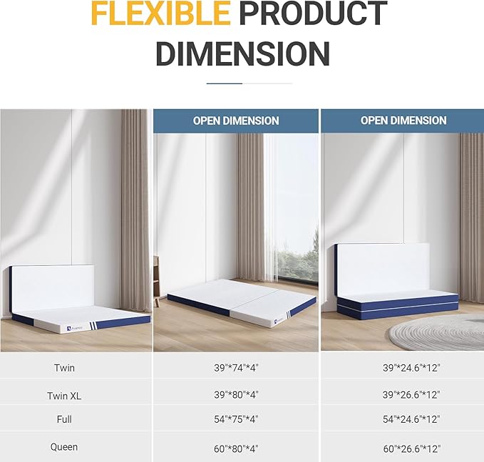 Avenco Foldable Mattress Twin XL, Folding Mattress 4 Inch Memory Foam, Trifold Mattress Portable with Removable Cover & Detachable for Guest Room/Caravan/Camping/Travel, Twin XL 80"x39"x4"