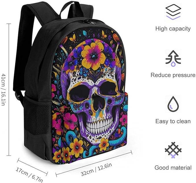 Men Women Polyester Trippy Skull Head Mushroom Art Daypack Bookbag Big Capacity Shoulder Bag With Padded Straps for Climbing Travel Walking Cycling