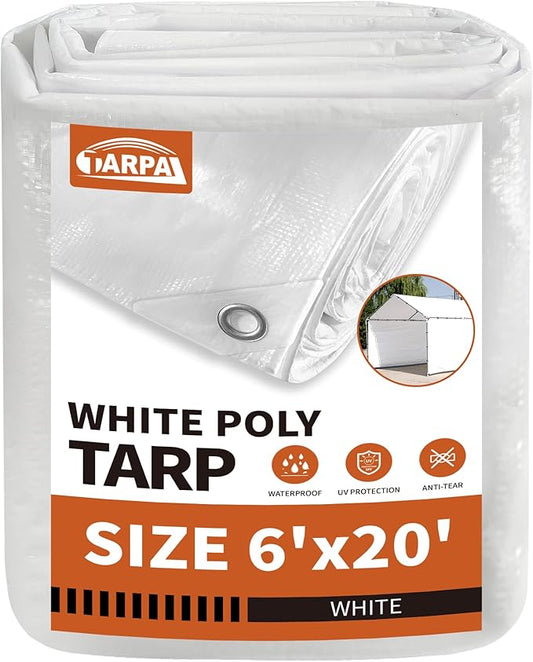 TARPAL 6'x20' White Tarp Waterproof 7.5 mil Medium Duty All Purpose Poly Tarps Cover Waterproof,Snow Proof UV Protection,Rip and Tear Proof,Poly Tarpaulin