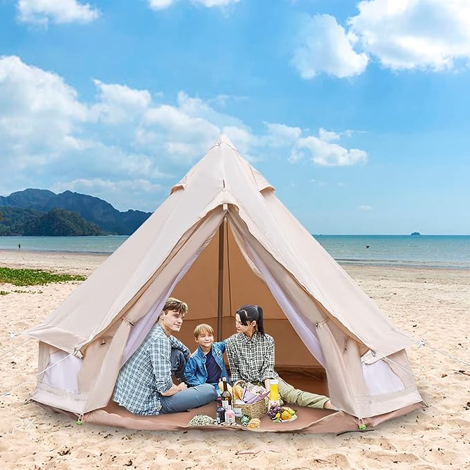 Bell Tent 118" All-Season Waterproof Canvas Camping Tent, 6.5ft Center Pole Polyester Cotton Tent for 2 Person with PVC Floor, Windproof Outdoor Camping Tent