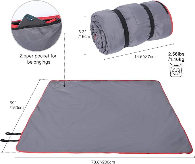 REDCAMP Large Waterproof Stadium Blanket for Cold Weather, Soft Warm Fleece Camping Blanket Windproof for Outdoor Sports, Blue/Red (Outer Grey/Inner Black)