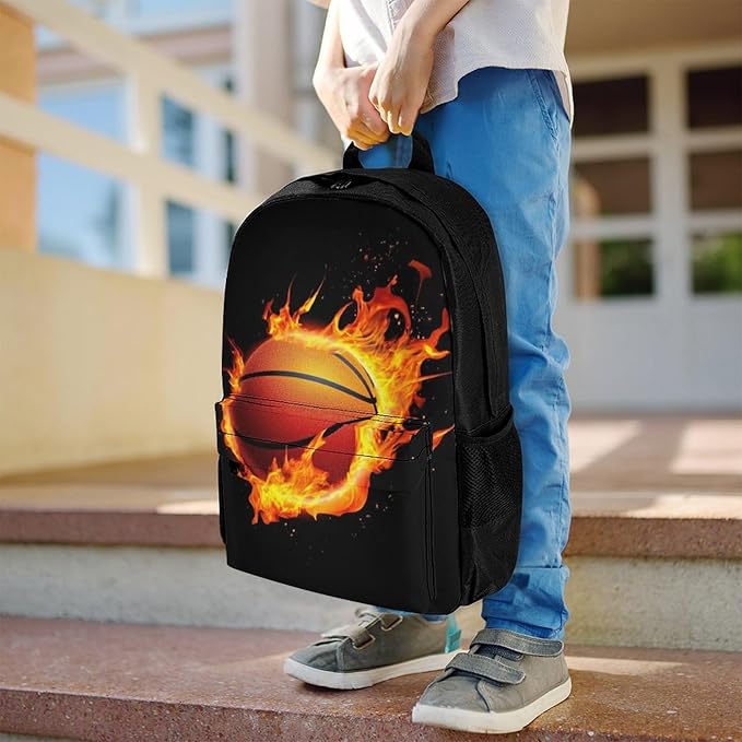 Supdreamc Shoulder Book Bags Polyester Multipurpose Anti-Theft Burnning Fire Basketball Black Carry On Bag Large Capacity Travel Hiking Camping Rucksack