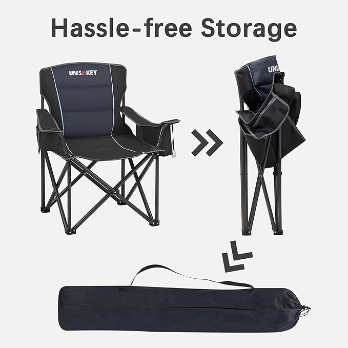 Oversized Folding Camping Chair for Adults - 450lbs Support - Heavy Duty Portable Lawn Chairs with Side Pocket Cup Holder Cooler Bag for Sports Garden Beach Fishing, Black 2 Pack