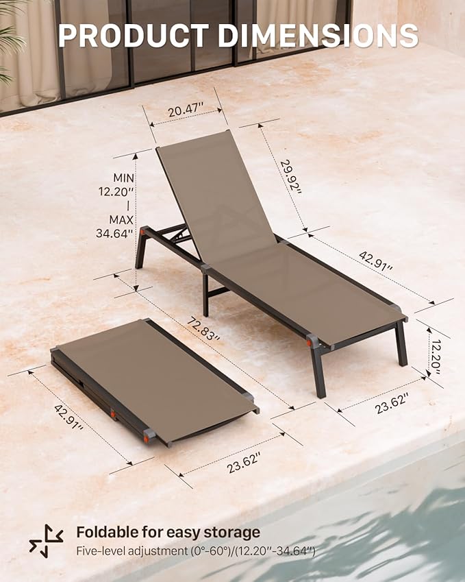 Aluminum Patio Chaise Lounge Chair Set of 2 with Side Table,5-Position Adjustable Backrest,Foldable Lounge Chair Outdoor,Pool Lounge Chairs for Poolside,Lawn,Deck,Beach (Khaki, 2 Pack+Table)