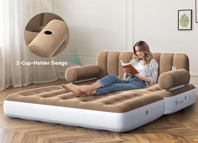 YITAHOME Queen Size Air Sofa Bed Mattress with Headboard and Pump, Blow Up Couch Inflatable Bed for Home Living Room, 79" x 60" x 25" (Expanded Size, Brown)