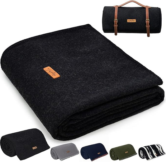 100% Wool Blanket, 62" x 86", Warm, Thick, Washable, Military Wool Blanket, Great for Camping, Outdoors, Sporting Events, Survival Kits,Carbon Black