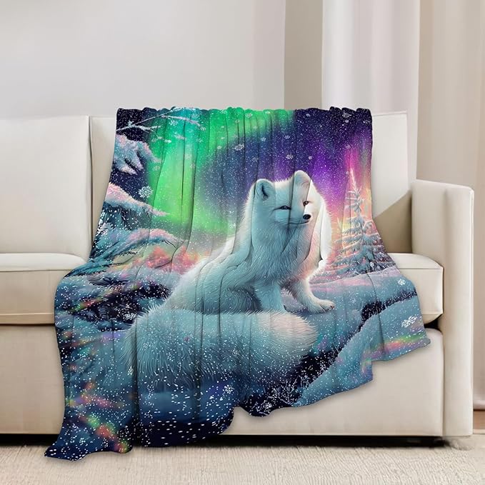 White Fox Blanket Winter Aurora Night Animal Throw Blankets Gifts for Girls Boys Kids Fox Lover Soft Cozy Fleece Plush for Couch Sofa Bed 50"x40"