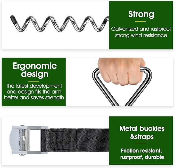 Earth Anchors Trampoline Heavy Duty Stakes Kit - Spiral Screw In Ground Anchors with Straps for Swing Set