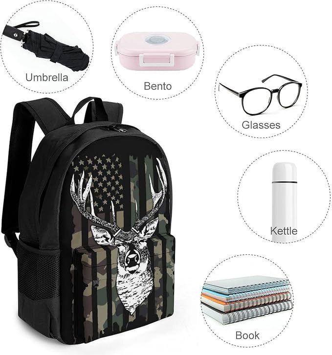Supdreamc Rucksacks Lightweight Multipurpose Anti-Theft Camo Camouflage American Flag Hunting Cool Deer Black Shoulder Bag Big Capacity Traveling Camping Backpack With Side Pockets