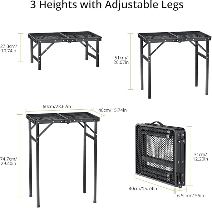 2ft Folding Grill Table Max 29.5", 3 Adjustable Heights Metal Threaded More Stable Lightweight Camping Table Heat-Resistant with Handle, for Cooking BBQ Outdoor Travel, 22.8" X 16", Black