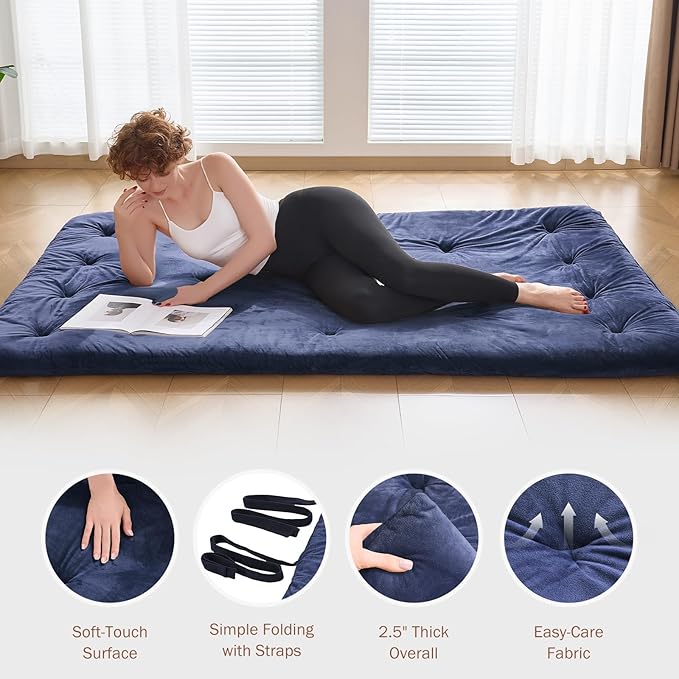 Japanese Floor Futon Mattress Queen Size 60"x 80", 2.5'' Thick Foldable Roll Up Floor Bed Sleeping Pad, 25D Foam Filled Tatami Mat with Straps for Guest Room, Dormitory & Camping, Blue