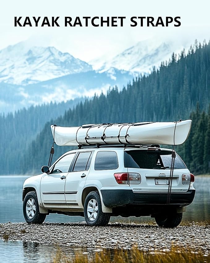 Kayak Straps Tie Downs 4 Pack, Roof Rack Straps Adjustable Ratchet Tie Down Straps with Lock S Hooks, 1/4 Inch 12 Feet Ratchet Straps Heavy Duty for Small Cargo, Kayak, Packing, Camping Gear
