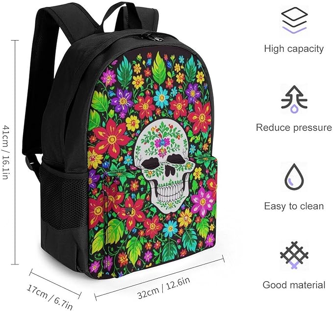 Rucksacks Polyester Anti-Theft Multipurpose Mexican Sugar Skulls Day Of The Dead Flowers Carry On Bag Large Capacity Gym Outdoor Hiking Backpack With Smooth Zippers