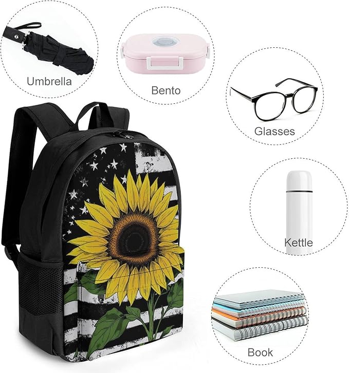 Supdreamc Lightweight Daypack for Camping Business Walking Cycling, Large Capacity Anti-Theft Multipurpose Bookbag, American Thin Black Line Flag Sunflower Art Gym Outdoor Hiking Backpack