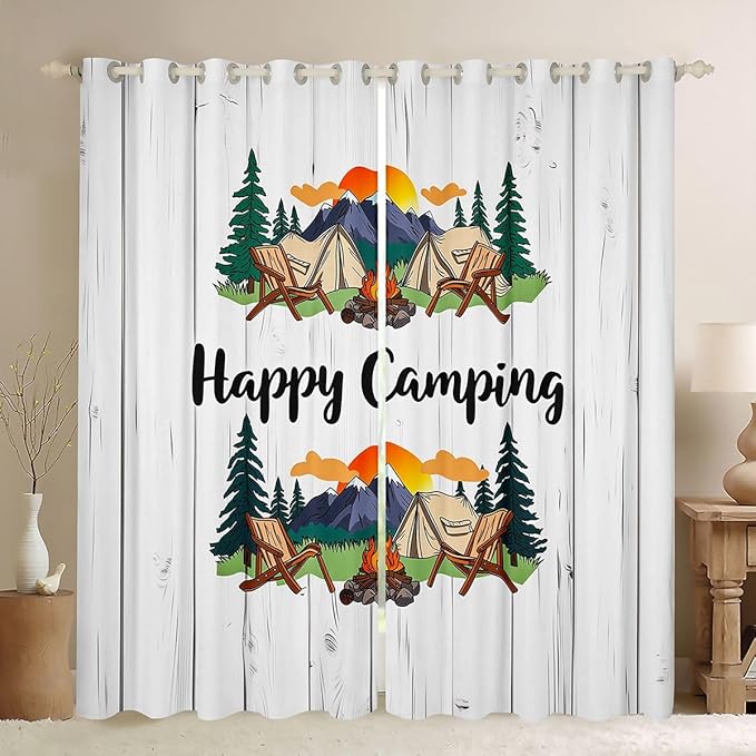 Erosebridal Camper Travel Window Drapes Happy Camping Blackout Curtains 52" Wx63 L Camping Adventure Curtains for Bedroom Living Room,Retro Forest Camp Window Treatments 2 Panels