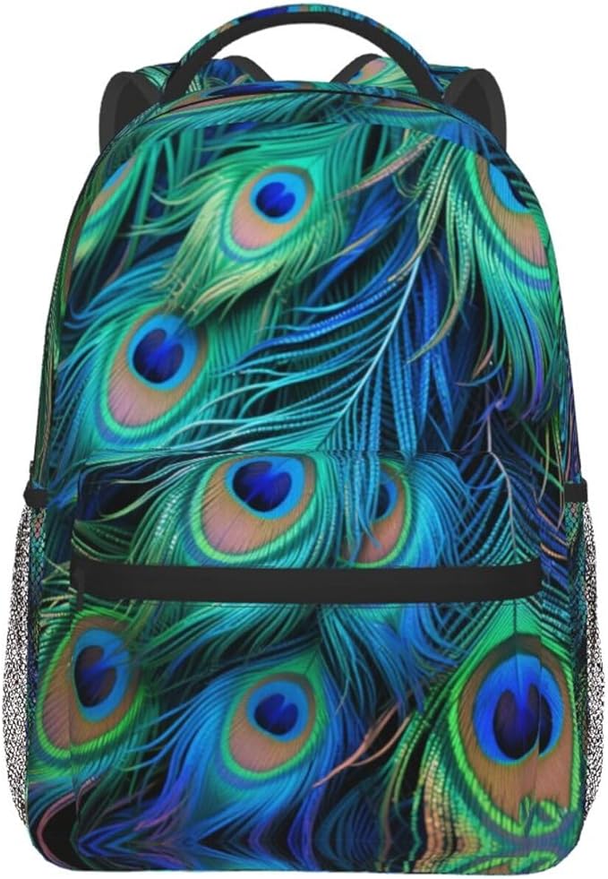 Men Women Polyester Chic Animal Beautiful Peacock Feather Art Daypack Big Capacity Shoulder Bag With Adjustable Shoulder Straps for Camping Travel Walking Cycling