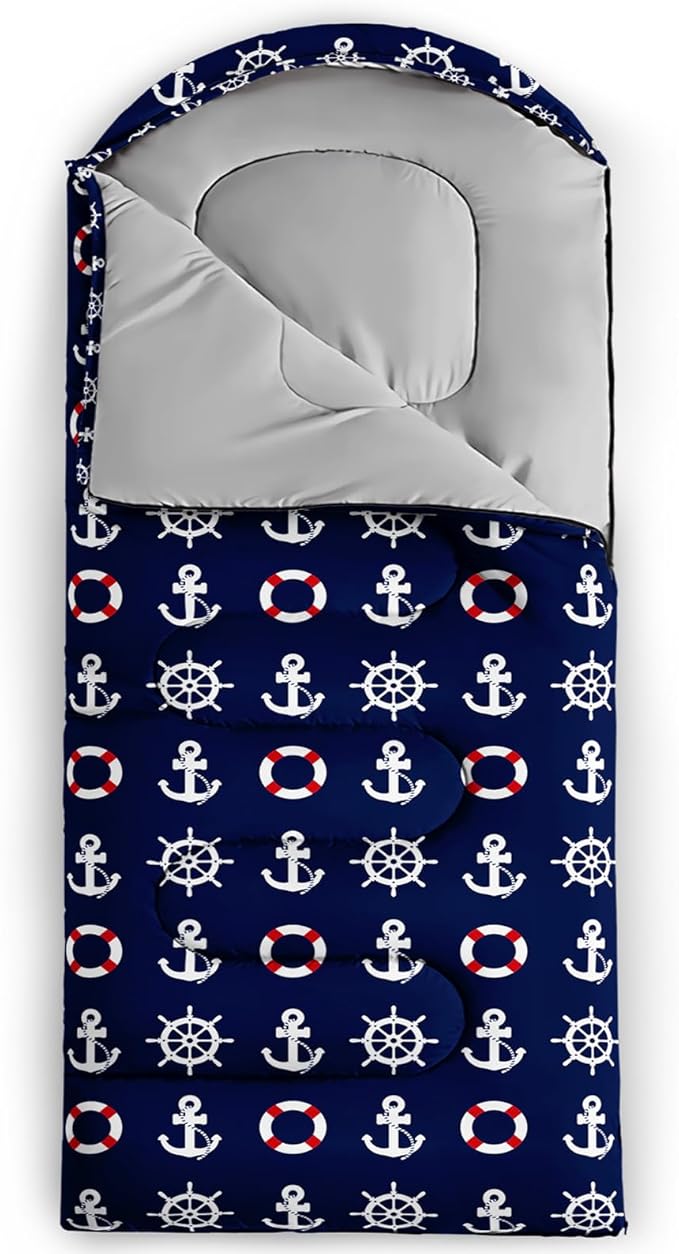 AILONEN Boys Sleeping Bag for Camping,Nautical Anchor,Lightweight & Waterproof,3 Season Warm & Cool Weather,Navy Blue Sleeping Bags for Kids Men Travelling,Outdoors