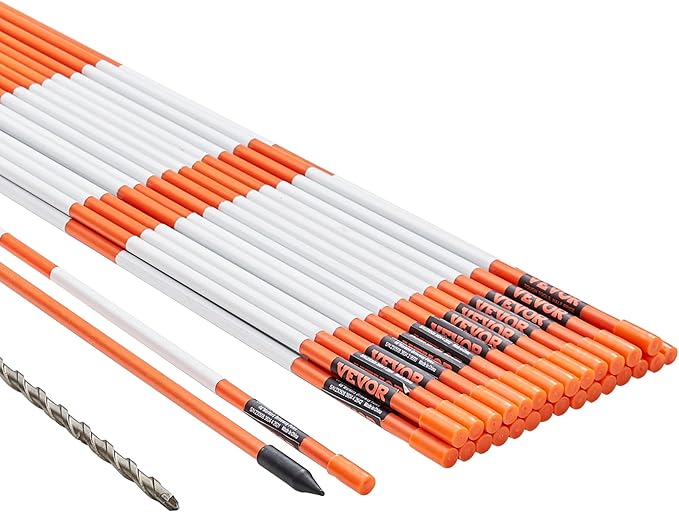 VEVOR Driveway Markers, 30 PCS 48 inch, 0.31 inch Diameter, Orange Fiberglass Poles Snow Stakes with Reflective Tape, 12" Steel Drill Bit & Protection Gloves for Parking Lots, Walkways Easy Visibility