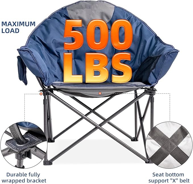 Oversized Camping Chair with Cup Holder & Carry Bag - 500lbs Heavy Duty Moon Saucer Chair for Outdoor, Lawn, Sports, Patio - Padded Folding Sofa Chair, Light Blue & Gray