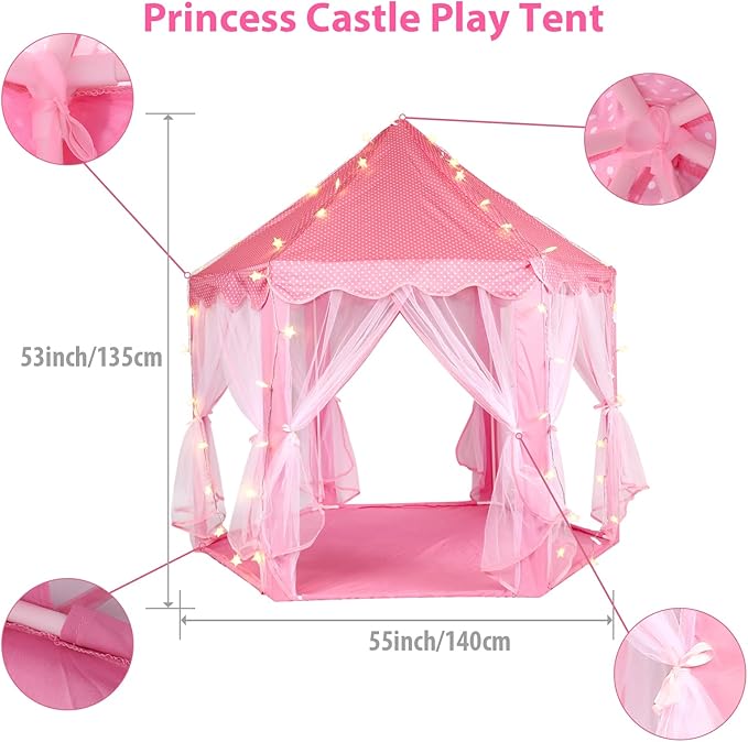Princess Tent with Rug & Led Star Lights,Princess Castle Play Tent for Girls Kids or Toddlers, Kids Large Playhouse for Indoor and Outdoor Games,140 * 135cm,Birthday for 3/4/5/6/7/8/9+ Year Old