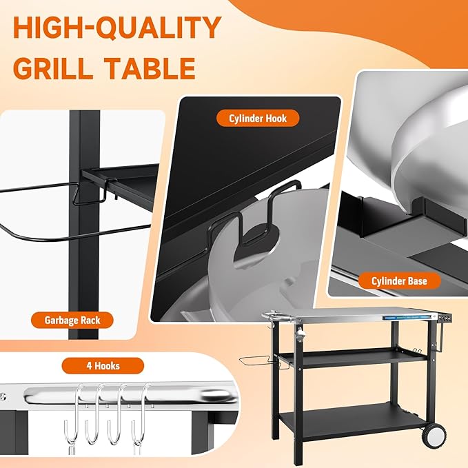 Grill Table, Stainless Steel Grill Cart with Three-Shelf, Movable Pizza Oven Table with Side Tray ＆ Trash Bag Holder, Outdoor Grill Stand with Hooks for Food Prep, Outside Tailgating, Camping
