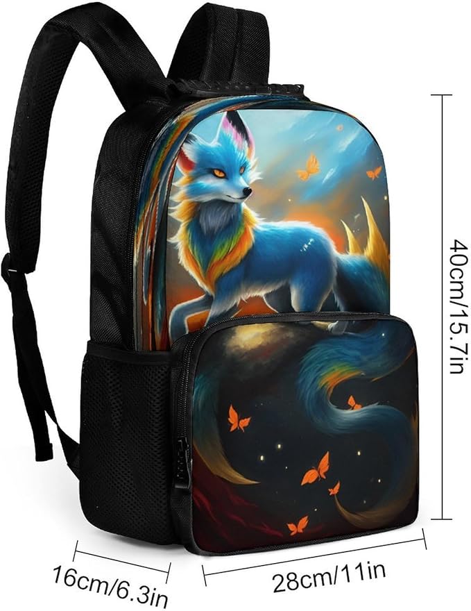Polyester Daypack Backpack for Climbing Outdoors Running, Big Capacity Multipurpose Anti-Theft Bookbag, Mythical Creature Kitsune Fox Art Travel Hiking Camping Rucksack