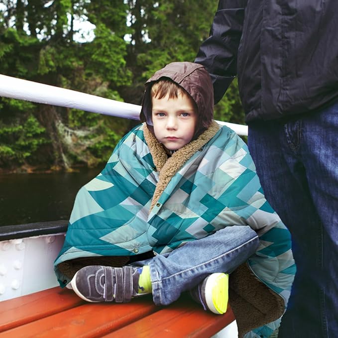 Outdoor Camping Blanket with Sherpa Lining, Extra Warm Thick Camp Blankets and Puffy Ultralight Soft Poncho DWR Camping Quilt for Cold Weather, Adventure, Sleeping, Backpacking 56"x 40"