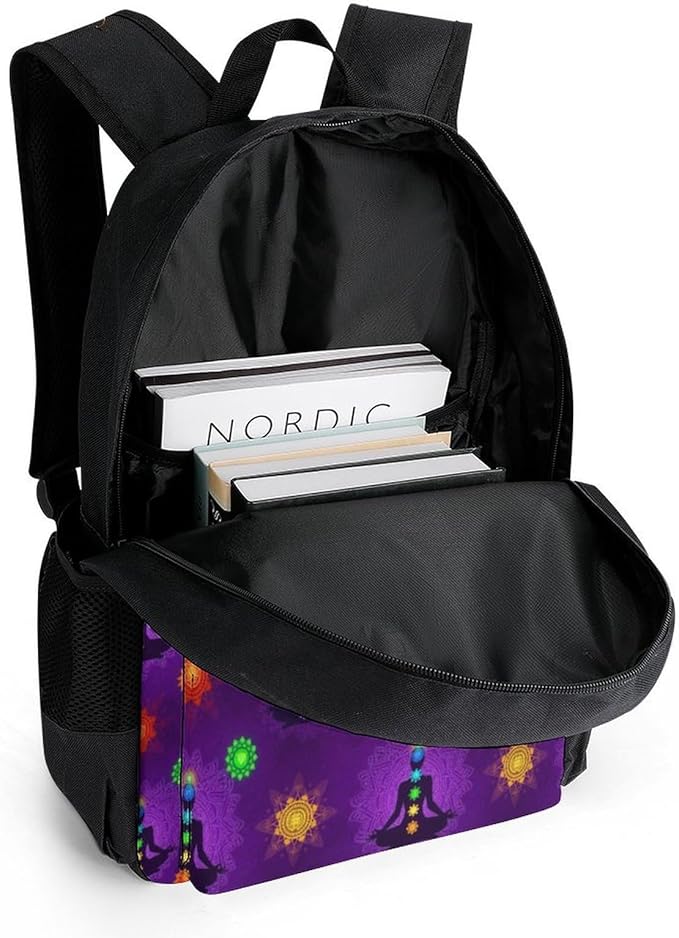 Men Women Lightweight Seven Chakra Yoga Meditation Lotus Purple Mandala Casual Daypack Large Capacity Bookbag With Adjustable Shoulder Straps for Gym Business Bicycle
