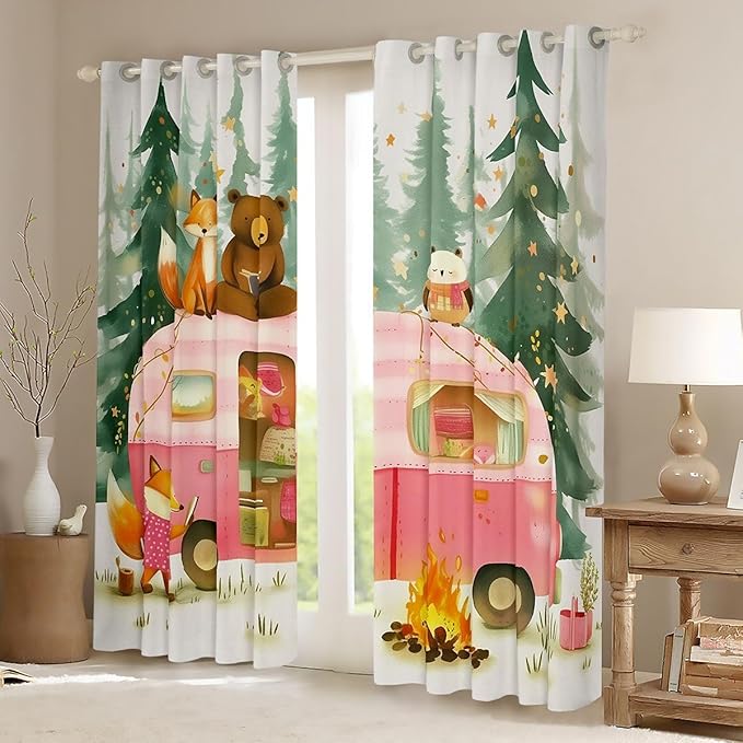 Feelyou Camping Camper Rv Blackout Curtains Bear Fox Animal Darkening Drapes for Bedroom Living Room Decor Car Thermal Insulated Shades Window Treatments, 2 Panels 52 x 84 Inch