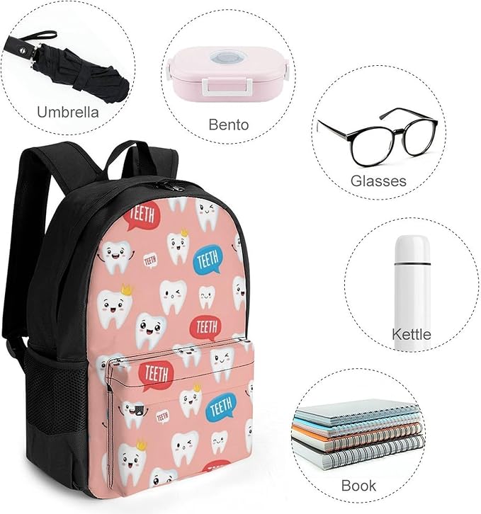 Men Women Lightweight Kawaii Dentist Teeth Pink Art Backpack Large Capacity Carry On Bag With Padded Straps for Sports Work Walking Cycling