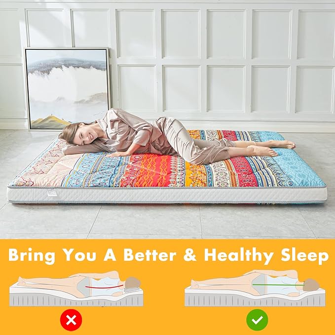 Japanese Floor Mattress Futon - Thicken Foldable & Portable Roll-up Camping Mattress, Bohemia Red Full