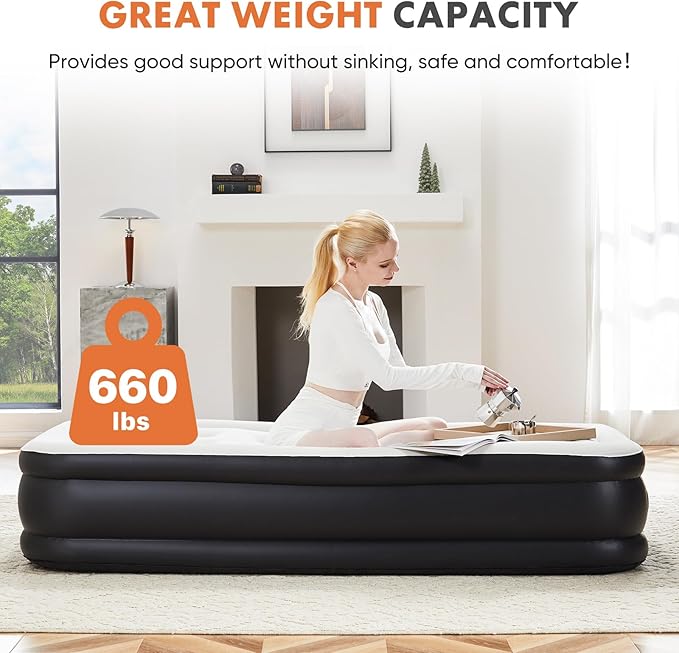 Elevon Queen Air Mattress with Built in Pump, 16"/660lbs Max Blow Up Bed, Double-Height Non-Slip Bottom Mattress, Durable & Waterproof Air Bed for Guests Home Camping
