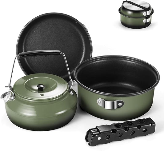 Odoland 5pcs Camping Cookware Non-Stick Camping Pot and Pan Set with Kettle and Removable Handle for Hiking Backpacking and Picnic