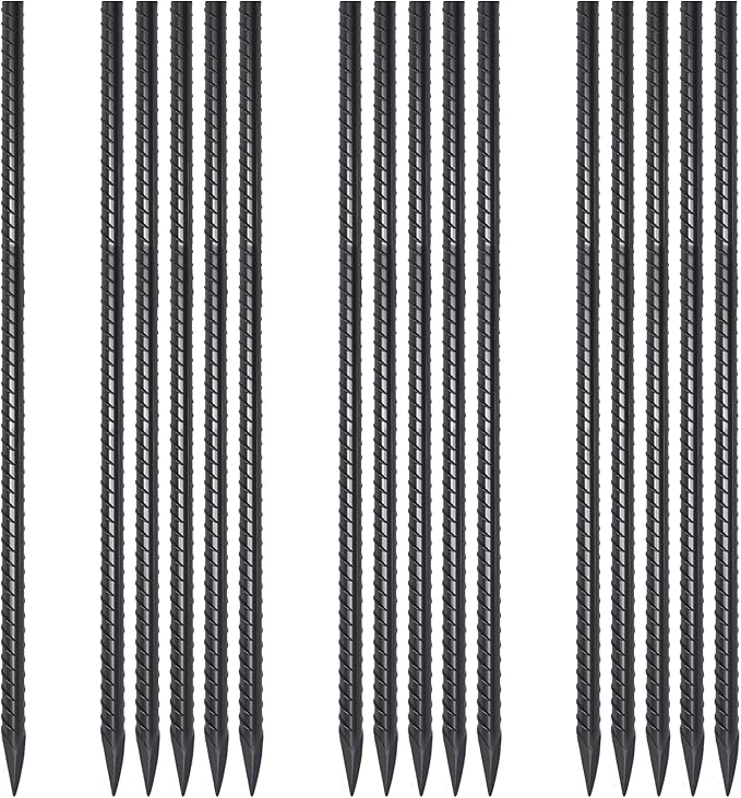 24 Inch Straight Rebar Stakes 16 Pack 1/2 Inch Diameter Metal Stakes for Garden with Chisel Point End Heavy Duty Steel Ground Anchors for Concrete Form, Landscape Timber, Plant Support, Black