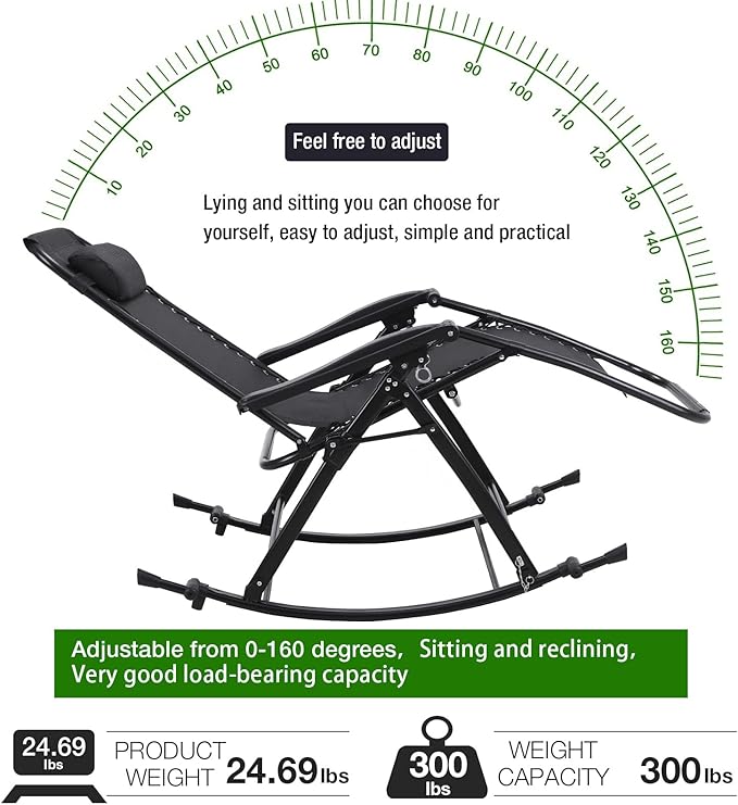 Outdoor Rocking Chairs, Foldable Reclining Zero Gravity Lounge Rocker with Pillow, Cup & Phone Holder, Combo Design with Folding Legs