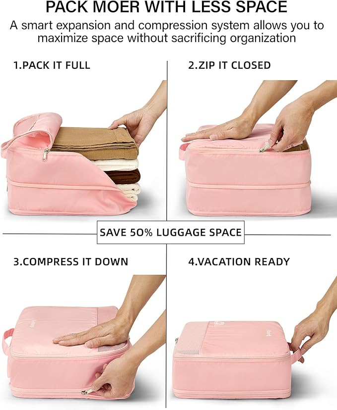 Hanke 7 Piece Expandable Compression Packing Cubes, Premium Travel Packing Organizers for Suitcases/Carry On, Luggage Organizer Bags with Breathable Mesh & Label,Pink