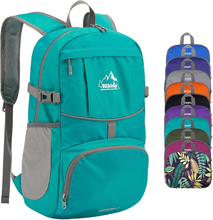 WATERFLY Hiking Packable Daypack Backpack: 25L Ultra Lightweight Day Pack for Woman Man - Small Compact Folding Back Pack for Outdoor Sport Cycling Camping Travel Trip - Turquoise