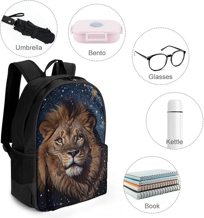Men Women Lightweight Outer Space King Lion Backpack Large Capacity Bookbag With Smooth Zippers for Gym Business Running