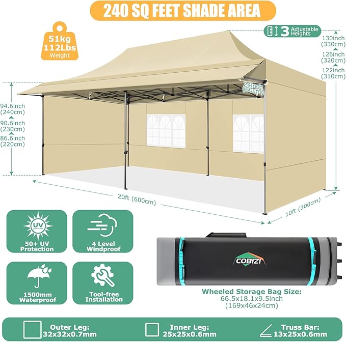 COBIZI 10x20 Pop Up Canopy Tent with Awning,Heavy Duty Canopy UPF 50+ All Season Wind Waterproof Commercial Outdoor Street Vendors Party Tents for Parties Canopy with Roller Bag(10 x 20 ft Khaki)