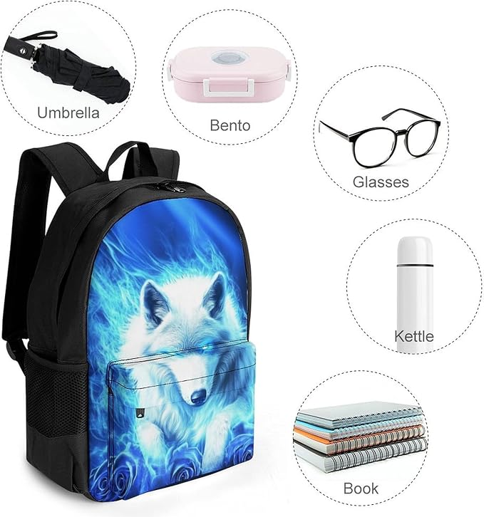 Rucksack Multipurpose Anti-Theft Big Capacity Shoulder Bag, Blue Fire Flame Rose Wolf Travel Hiking Camping Rucksack With Side Pockets