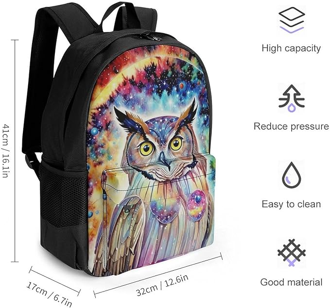 Polyester Daypack for Hiking Work Running, Big Capacity Anti-Theft Multipurpose Shoulder Bag, Owl Space Cartoon Travel and Sport Backpack Rucksack