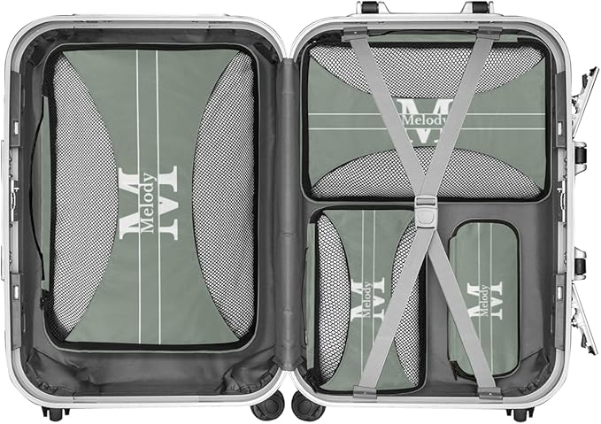 Custom Packing Cubes with Name, 4Pcs/Set Travel Luggage Packing Organizers Set for Women, Dark Matcha Green Background with Initial Name