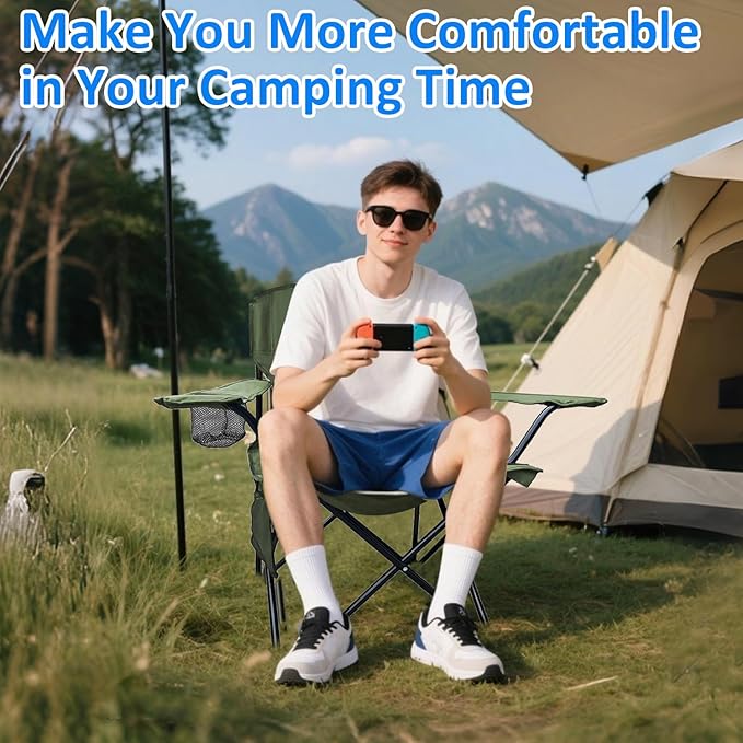 Folding Camping Chair, 225lb Capacity, Includes Cup Holder & Side Storage Bag, 5.5lbs Portable for Beach, Camping, Sport,2PCS Green