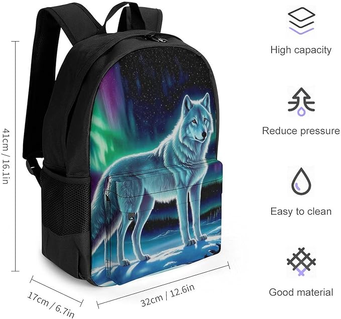 Men Women Polyester Starry Galaxy Cool Wolf Art Casual Daypack Large Capacity Carry On Bag With Adjustable Shoulder Straps for Camping Work Running