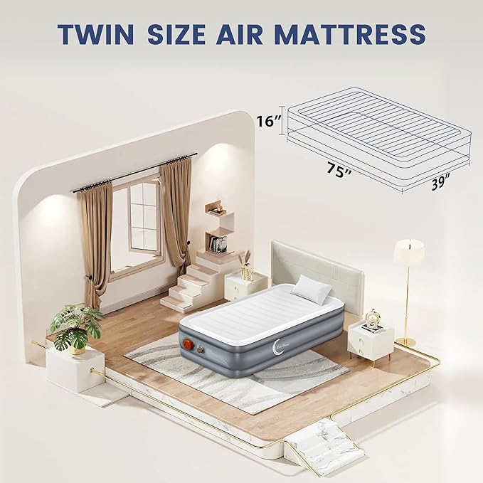 LunaDream Eclipse Series Twin Air Mattress with USB Rechargeable Built-in Pump, Wireless Inflatable Airbed, Durable Leakproof Design, Portable for Home & Camping