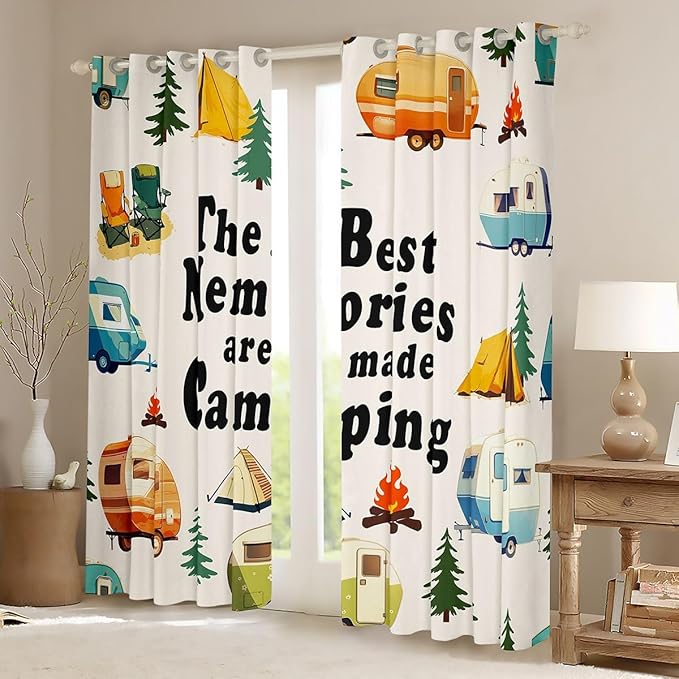 Cartoon Camper Window Drapes,RV Trailer Rustic Adventure Blackout Curtains,Tent Bonfire Campfire Pine Tree Nature Nursery Bedroom Playroom Decor,Colorful 2 Panels,52Wx63L inch